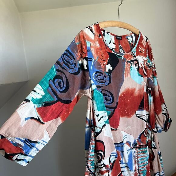 Funky artsy abstract patterned maxi dress laggenlook loose fitting oversized M - Picture 2 of 8